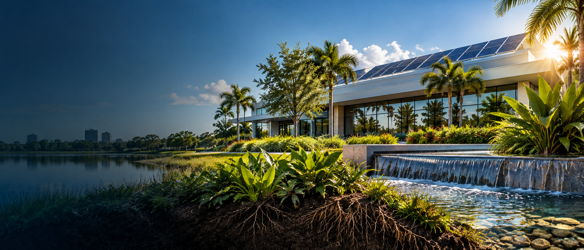 Solar-powered building surrounded by clean water and healthy landscaping